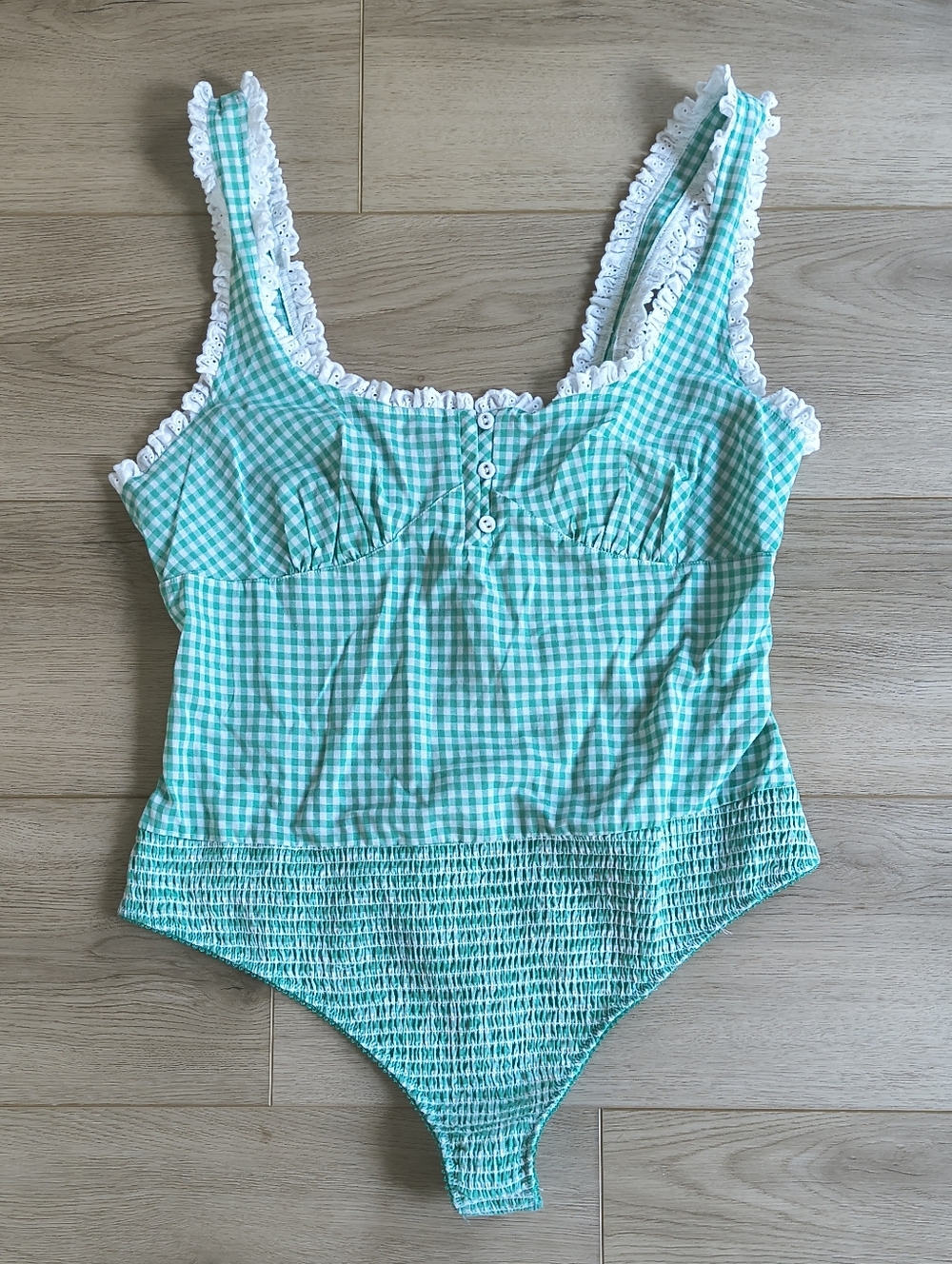 NWOT Free People Green Gingham Lace-Trim Cottagecore Bodysuit | Size Large